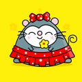 Cartoon girl mouse in red a skirt, with red a bow on her head and a yellow flower in her hand. doodle style. Vector Royalty Free Stock Photo