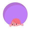 Cartoon girl peeking out shyly, purple circle background. Childlike curiosity and cute playful character vector