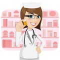 Cartoon girl pharmacist showing medicine bottle