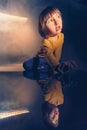 cartoon girl in a photography studio, with her head amusingly enlarged, funny portrait