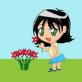 Cartoon Girl Picking Flowers