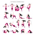 Cartoon girl in pink suit doing fitness exercises on wh