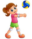 Cartoon girl playing volleyball on a white background