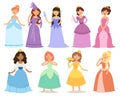 Cartoon girl princess characters different fairy-tale clothes dress cute adorble girls vector illustration.