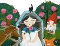 Cartoon girl princess sleeping and dwarfs