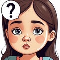 a cartoon girl with a question mark on her face, illustration cute, confused emotional side.