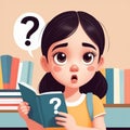 a cartoon girl with a question mark on her face, illustration cute, confused emotional side. Royalty Free Stock Photo