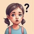 a cartoon girl with a question mark on her face, illustration cute, confused emotional side. Royalty Free Stock Photo