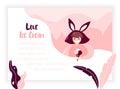 Cartoon girl with rabbit ears, ice cream and plants. Summer banner in trendy flat linear style. Vector