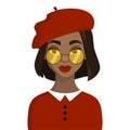 Cartoon girl in retro beret and yellow sunglasses