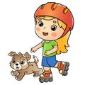 Cartoon girl on the roller skates with a dog. Summer activity. Colorful vector illustration for kids