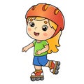 Cartoon girl on the roller skates. Summer activity. Colorful vector illustration for kids