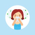 Cartoon girl with a runny nose. A woman with a handkerchief sneezes, splashes and germs fly around. Flu, viral disease.