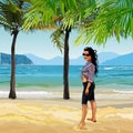 Cartoon girl on the sandy beach with palm trees