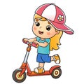 Cartoon girl on the scooter. Summer activity. Colorful vector illustration for kids