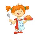 Cartoon girl serving roasted thanksgiving turkey dish. Thanksgiving design.