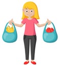 Cartoon girl shopping carrying fruit Royalty Free Stock Photo