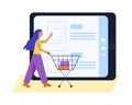 Cartoon girl with shopping cart chooses shirt through website on tablet vector Royalty Free Stock Photo