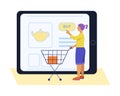 Cartoon girl with shopping trolley chooses kettle on website on tablet vector Royalty Free Stock Photo