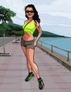 cartoon girl smiles while standing on the promenade