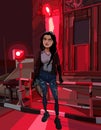 Cartoon girl standing at night at a railway crossing in the light of red lanterns