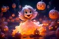 cartoon girl stands in a pumpkin field in the forest. Halloween spirit in the forest Royalty Free Stock Photo