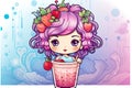 a cartoon girl with a strawberry crown sitting in a cup. generative ai