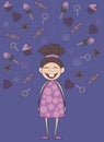 A cartoon girl with sweets on a purple background.