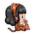 Cartoon girl in tiger costume for new year 2022.