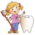 Cartoon girl with toothbrush and tooth. Dental and oral care. Colorful vector illustration for kids