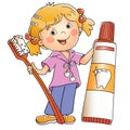 Cartoon girl with toothbrush and toothpaste. Dental and oral care. Colorful vector illustration for kids