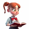 Cartoon girl with vibrant red hair is deeply engrossed in reading book. She stands, Royalty Free Stock Photo