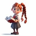 Cartoon girl with vibrant red hair is deeply engrossed in reading book. She stands, holding book with both hands, Royalty Free Stock Photo