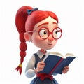 Cartoon girl with vibrant red hair is deeply engrossed in reading book. Royalty Free Stock Photo