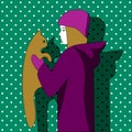 Cartoon girl in warm violet clothes holding kitten with same hair color