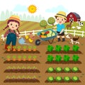 Cartoon of girl watering vegetable plants and boy pushing the wheelbarrow of vegetables on the farm