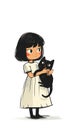 A cartoon girl wearing dress holding a black kitten isolated on a white background. Royalty Free Stock Photo