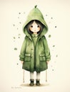 A Cartoon Of A Girl Wearing A Green Coat