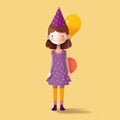 Cartoon girl wearing a party hat and holding balloons on a yellow background Royalty Free Stock Photo