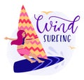 Cartoon girl on windsurfing board, vector Illustration in flat style, summertime template with colored text and young