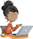 Cartoon girl working with computer.