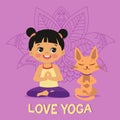 Cartoon Girl In Yoga Lotus Pose With Cute Cat. Practicing Yoga Icon. Vector Illustration. Royalty Free Stock Photo