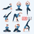 Cartoon girl in Yoga poses with titles for beginners isolated on white background. Royalty Free Stock Photo