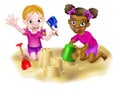 Cartoon Girls Building Sandcastles Royalty Free Stock Photo