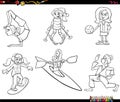 Cartoon girls characters and sports set coloring book page Royalty Free Stock Photo