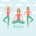 Cartoon girls doing meditation exercise. Royalty Free Stock Photo