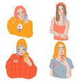 Cartoon girls making selfie with smart phone. Collection of Modern young females with phone