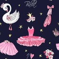 Cartoon girls seamless pattern with hand drawn ballet pointe shoes, tutu, crown, flowers and cute swan. Royalty Free Stock Photo