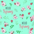 Cartoon girls seamless pattern with pink flower. Hello spring.