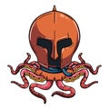 Cartoon gladiator cyborg octopus character with medieval helmet. Illustration for fantasy, science fiction and adventure comics